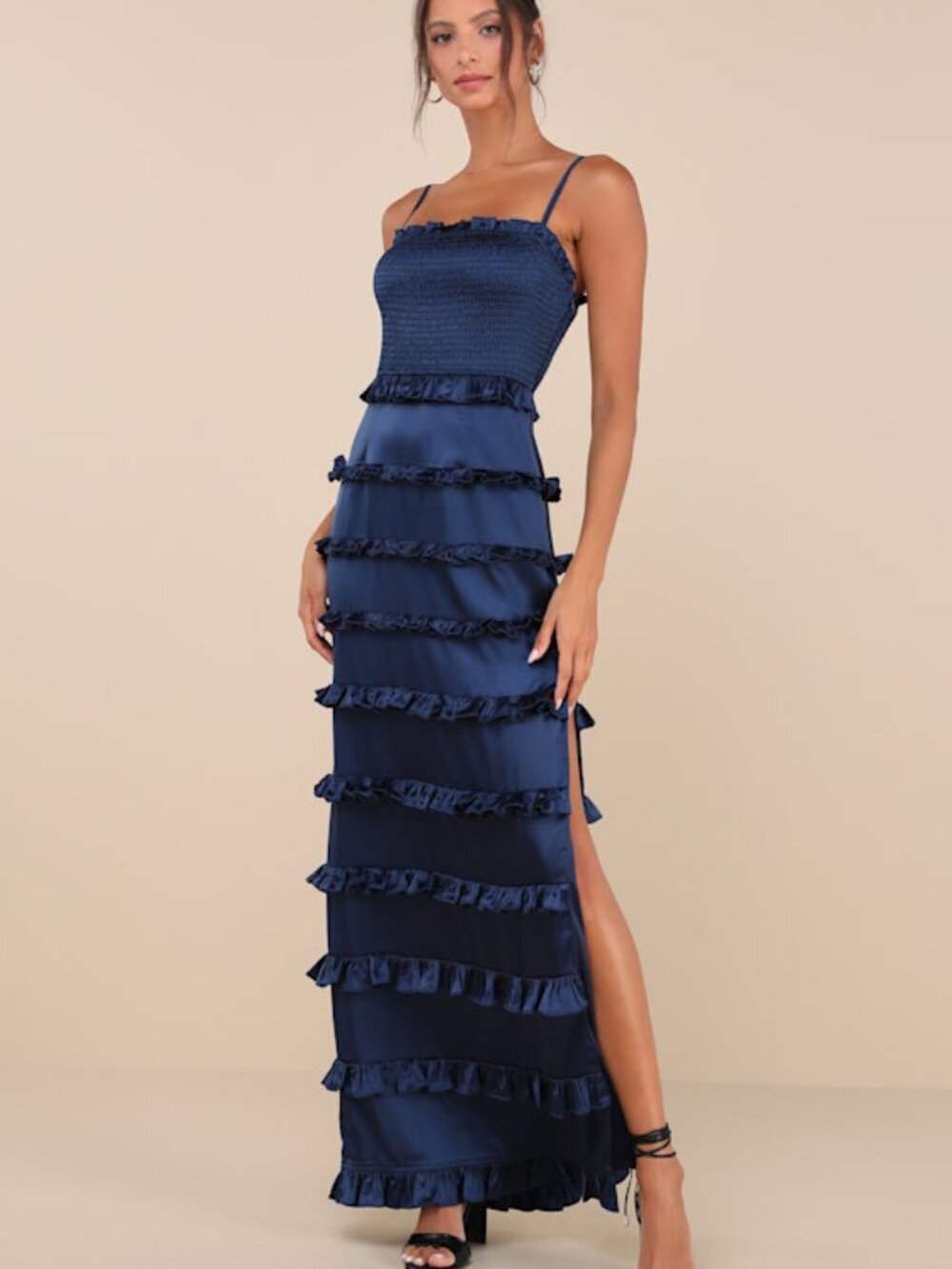 Lulus Sincerely Fabulous Navy Blue Satin Smocked Ruffled Maxi Dress - Size M